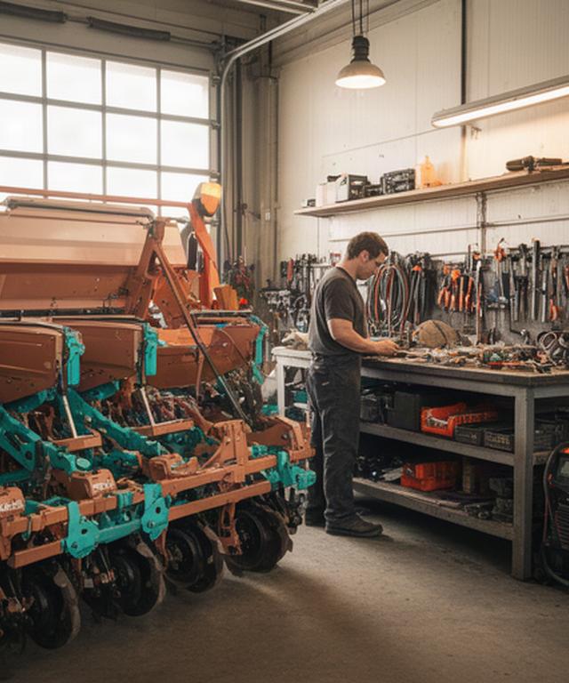 Interior del taller de Jofre Labranza en Manlleu, con una sembradora desmontada y un técnico trabajando junto a un banco de herramientas