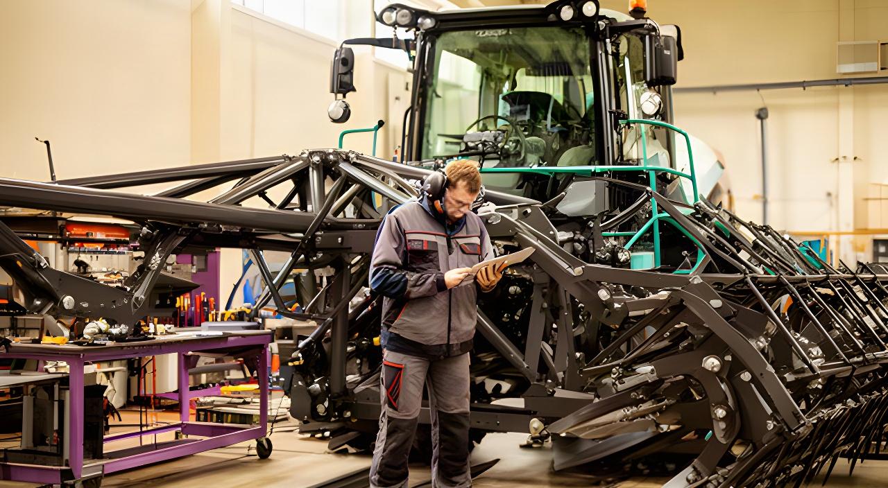 Técnico revisando una máquina agrícola recién montada en el taller industrial de Manlleu