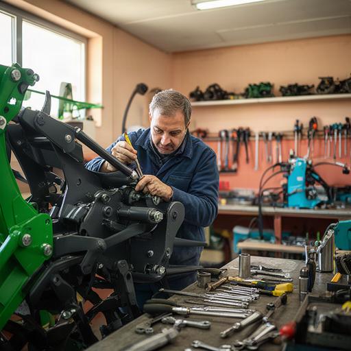 Técnico revisando una máquina agrícola junto a herramientas en el taller de Manlleu