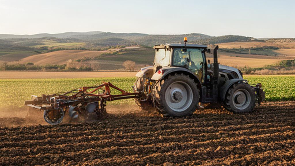 Tractor trabajando con un apero de labranza en un campo agrícola de Cataluña