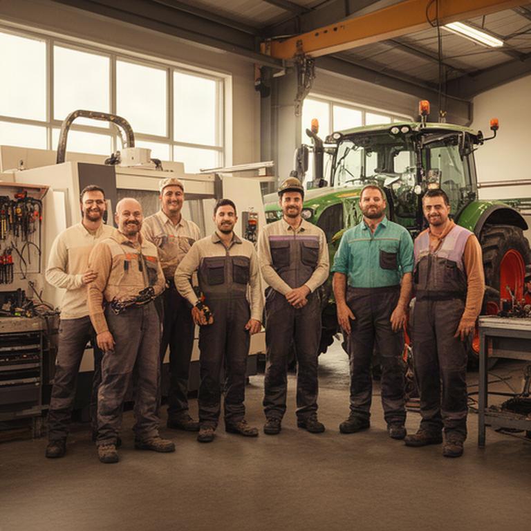 Equipo profesional de fabricación agrícola reunido en el interior del taller de Manlleu