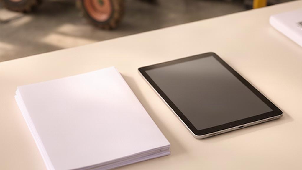 Documentos de privacidad junto a una tableta en una oficina de maquinaria agrícola