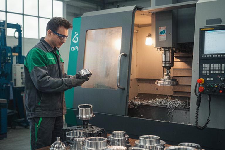 Operario trabajando junto a un centro de mecanizado CNC en la planta de fabricación